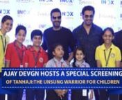 Ajay Devgn recently hosted a special screening of his latest film Tanhaji: The Unsung Warrior costarring Saif Ali Khan and Kajol for school children. The actor attended the screening and had an interaction session with the students. Check out the video.
