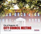 AGENDAnCITY OF AUGUSTAnCouncil MeetingnMonday, March 2, 2020n7:00 P.M.nn“Augusta – Where the metro’s edge meets the prairie’s serenity offering the perfect blend of opportunity and proximity for living, commerce and culture.”nnnA.tCALL TO ORDERnnB.tPLEDGE OF ALLEGIANCEnnC.tPRAYERntPastor Loy Hoskins, First Christian ChurchntnD.tMINUTESnn1.tFEBRUARY 18, 2020 CITY COUNCIL MEETING MINUTES AND FEBRUARY 24, 2020 WORK SESSION MINUTESntApproval of minutes for the February 18, 2020 City Counci