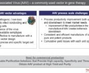 Major progress has been made in the area of gene therapy and due to improved safety and efficacy, the Adeno-Associated Virus (AAV) has emerged as an important vector for the development of gene therapies. With a growing pipeline of clinical trials, it is evident that scalable viral vector manufacturing technologies are needed by this rapidly growing industry. Next to scalability, product safety and purity needs to be demonstrated before regulatory approval is attained.nnIn this presentation we w