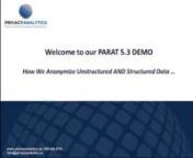 Welcome to our demo for PARAT 5.3.Our objective is to walk you through two three minute demos that 1) demonstrate PARAT text anonymization capabilities, a before and after view of a standard discharge document and 2) a more complex scenario where we anonymize structured and unstructured data from a relational database, with the goal of ensuring referential data integrity.