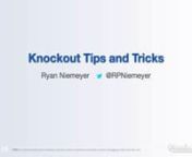 Abstract: nnKnockout.js is a powerful JavaScript library for binding your data and user interface elements together. Getting started with Knockout is easy, but as your application grows in complexity, it can be challenging to keep your code clean and performing optimally. Luckily, Knockout has a number of great extensibility points that you can leverage to build reusable solutions on top of Knockout. In this session, we will walk through a number of common problems and see how we can use these e