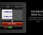 Record your latest song, performance, lecture or foley with RØDE Rec 2.8. The definitive iOS audio recording app for iPhone, iPad and iPod touch - www.rodemic.com/getroderecnnRØDE Rec combines professional features with an intuitive interface, making it easy to record, edit and publish broadcast-quality audio directly from your iOS device.nnFeaturing real-time waveforms, a suite of non-linear editing capabilities and powerful EQ and gain controls, RØDE Rec is the only field recorder you&#39;ll ev