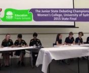 Each year ten different regions across NSW select their best four Years 9&amp;10 debaters to represent them at this championships which is held over three days in December at the Women’s College of the University of Sydney. Each team debates four times on a series of unseen topics for which they have only one-hour of unassisted preparation time. Following those rounds and two semi-final debates, Western Sydney and Sydney made it through to this grand final. The speaking time is 8 minutes (with