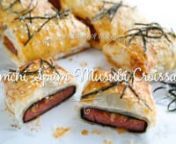 http://blog.moonberry.com/recipe-kimchi-spam-musubi-croissant/nnKimchi Spam Musubi Croissantnn1 sheet frozen puff pastry, thawed until cold and just firmn1 can SPAMn1 cup prepared kimchin1 Tbs buttern2 Tbs soy saucen1 Tbs brown sugarn1 eggn2 nori seaweed (9×9″ square sheets)nToasted white sesame seedsnnPreheat oven to 350°F. Line a large baking sheet with parchment paper. Slice 1 can of SPAM into 6 even slices. Drain the kimchi, saving the juice for use as a marinade for the SPAM. Roughly ch