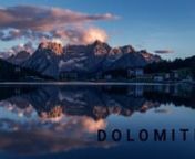 Experience a beautiful timelapse journey through the landscapes of the Dolomites.nnThe Dolomites are a mountain range located in northeastern Italy and are caractarised by its bold light-gray cliffs and spires flecked with snow.nnThe film captures the atmosphere of the intriguing Dolomite mountains through a series of unique timelapses and a detailed soundscape. Sounds from natures own library are accompanied with subtle sound effects to support the atmosphere which in the mountains quickly can