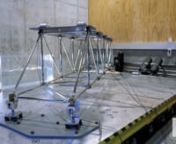 Located in the AUT Structural and Geotechnical Engineering lab in WZ Building, the shake-table is capable of delivering a peak velocity of 1 metre/second, and accelerations in excess of 2G at full payload of 10,000 kg.n nThis particular trial is designed to monitor the structural health of bridges under a range of simulated earthquake conditions. nnEmbedded sensors in the truss structure capture the acceleration and displacement response during ground motion tests and when the resonant frequency