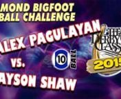 Alex Pagulayan .866 def. Jayson Shaw .804 11-7nnCommentators: Mark Wilson, Danny Dilibertonn105 Minsn- - - - - - - - - -nWhat: The 2015 Derby City ClassicnWhere: Accu-stats Arena at Horseshoe Southern Indiana Hotel and Casino, Elizabeth, INnWhen: January 23 - January 31, 2015nnThe 17th Annual Derby City Classic - nine days of 5 disciplines: 9-ball, one-pocket, banks, straight pool and the Diamond Bigfoot 10-Ball Challenge.Players at the 2015 Derby City Classic include Efren Reyes, Shane Van Bo