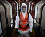 A night shift with Noureddine Aouf, a TFL worker, as he deep cleans and sprays the Victoria Line tube trains with an antiviral solution at a Underground Depot in North London. Zoono-17 is a microbe shield surface sanitiser, which is 99.99% effective against COVID-19.n© Aaron Chown/PA