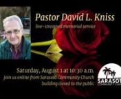 Kniss, David LuthernFeb 06, 1935 - Apr 12, 2020nnDavid L. Kniss, 85, of Sarasota, died at home on Sunday, April 12, 2020. David was born February 6, 1935 in Johnstown, PA, to Lloy Anson and E. Elizabeth (Luther) Kniss.nnThe youngest of four children of a missionary family, David grew up near Dhamtari, India, where his family lived in the remote village of Mohadi. His formative early years were spent in India, dearly loving the land and people he called home, while also being an outsider. Navigat