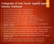 Train Travel Agents database of India nNow e-Branding India is started working from database vending to target specific data analysis services where we will narrow down and can provide very much specific data as per industry to help to do your prospect marketing far better .nCategories of Train TravelAgents AgentsIndustry Databasenn•tManufacture Train TravelAgents&amp; allied products n•tExporter of Train TravelAgents s &amp; allied productsn•tImportees of Train TravelAgents&amp;