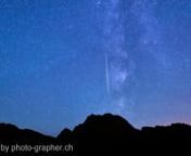 This is a Time lapse of the Milky Way and Perseids meteor shower over the Mount Fluebrig near Innerthal, Schwyz, Switzerland. If you look exactly you can see at 00:17 a persistent train. The pictures was shot from 11:40p.m. on Wednesday, 12.08.2015 till 03:55a.m. on Thursday, 13.08.2015. I used a Sony SLT-A58, SIGMA 18-35mm F/1.8 DC HSM and a CULLMANN Nanomax 400T tripod with CB6n ballhead.nnMusic by