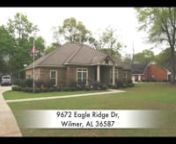 3 beds 2 baths 2,624 sqft- - Contact (440)-865-0831 nnDetails: https://www.zillow.com/homedetails/9672-Eagle-Ridge-Dr-Wilmer-AL-36587/67740013_zpid/nnnCome and view this truly CUSTOM home! Beautiful home on 1.1 acres with many unique features. Beautiful setting surrounds this home. Home was built in 2006 and has been well cared for. A concrete driveway brings you to this magnificent home. A beautiful solid wood door with custom glass inserts welcomes you as you approach the front door. When yo