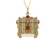 https://www.ross-simons.com/975818.htmlnnC. 1980. From our Estate collection comes this magnificent treasure chest pendant necklace, finely crafted in 18kt yellow gold and adorned with 5mm round red coral cabochons for a touch of sea-inspired color. Suspends from a cable chain. Note this unique feature: The chest opens! Lobster clasp, red coral chest pendant necklace. Exclusive, one-of-a-kind Estate Jewelry.