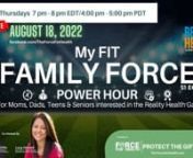 Join us for My Fit FamilyFORCE Power Hour, a special, weekly 10 part Summer Health Series for moms, dads, teens and seniors who are interested in playing as a TEAM in the upcoming Reality Health Games premiering this fall.nnThis is the sixth episode in a series of ten that kicked off July 7, 2022nnThis aired LIVE on Facebook on Thursday, August 18 at, 4:00 pm PDT/7:00 pm EDT.nnScan the QR Code above,  join the community and start playing Reality Health Games with us today!