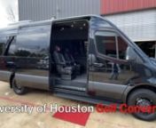 University of Houston Golf ConversionnnAssignment: Turn this Sprinter 170 EXT into a women’s golf club van. Land Yacht Motor Werks has partnered with the University of Houston and Mercedes-Benz in the creation of this sports enthusiast conversion.nnThe interior package includes a four person bench, custom vinyl flooring, custom captain’s chairs, a high definition TV, a Yeti cooler, ceramic tinted windows, and custom logo panels.nnThe interior features include a reupholstered ceiling, upholst