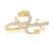 https://www.ross-simons.com/969547.htmlnnAn RS exclusive. An imperative symbol to Chinese culture because they are believed to be distant ancestors, the dragon, frequently donned by emperors, is known to represent courage and power. This mystical bangle imagines the elusive creature with shimmery scales, adorned by .15 ct. t.w. round diamonds, and a gleaming body of textured and polished 18kt yellow gold over sterling silver. Hinged with a figure 8 safety. Box clasp, diamond dragon bangle bracel