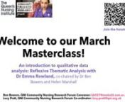 This masterclass is part of a series of events by the QNI’s Community Nursing Research Forum. nnFind out more and join the forum: https://qni.org.uk/nursing-in-the-community/community-nursing-research-forum/nnnAt the masterclass, Dr Emma Rowland will present qualitative data analysis techniques, specifically focusing on reflexive thematic analysis (Braun and Clarke 2019). The six-step process of reflexive thematic analysis will frame the discussions around data analysis. Worked examples will i