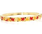 https://www.ross-simons.com/985662.htmlnnAn RS exclusive. Dream of autumnal delights, no matter the season, when youre wearing our colorful bangle bracelet! Finely crafted in polished 18kt yellow gold over sterling silver with .10 ct. t.w. citrine rounds, .10 ct. t.w. garnet rounds and red and yellow enamel leaves. Textured and polished finishes. Hinged with a figure 8 safety. Box clasp, enamel, citrine and garnet bangle bracelet.