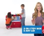 From art board to toy storage, the Step2 2-in-1 Toy Box &amp; Art Lid™ is an easy way to get kids excited about cleaning up their play space. Use the top storage bins to hold small treasures and to keep art supplies neat, then open the lid to store larger toys! The included art clip holds paper in place on the art board, and is great for displaying finished pieces. Plus, having a toy box encourages valuable responsibility and organization skills as kids learn to keep their space tidy. Toddlers