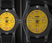 The Breitling Avenger Seawolf combines military style with serious diver functionality. This watch comes in a Blacksteel DLC (diamond-like carbon finish) which gives it a stealthy look, combined with the contrasting bright yellow dial for legibility and attitude. The case is water-resistant to the impressive depth of 3,000 m (10,000 ft).nnCheck out our collection of Breitling watches for men and women at SwissWatchExpo.nnFeatured watch (prices may change):nBreitling Avenger II Seawolf Cobra Yell