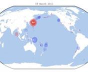 Original post at: http://sciblogs.co.nz/seeing-data/2011/03/13/ring-of-fire-animated-map-of-world-earthquakes-jan-1-mar-1-2011-gmt/nnThis video was made very quickly and could use some work. I post it here in case you find it interesting. I suggest you watch it full-screen, in high definition with scaling off.nnThe animation depicts two and half months of 2011 USGS earthquake data (quake.usgs.gov/earthquakes/eqarchives/epic/epic_global.php). Blue circles represent deep seismic activity recording