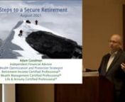 In this live presentation we cover:nnStep 1 - Have a retirement plan and why it is so important to your retirement success! Learn about the common risks a retirement plan addresses.nnStep 2 - The Retirement Income Plan -nnLearn about the different common retirement income sourcesnThe old way vs the new waynBe aware the accumulation years vs the preservation &amp; distribution yearsnDifferent financial solutions to consider utilizingnDon’t care what is called, care what it does…nWhat do you w