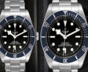 The Tudor Heritage Black Bay Blue was introduced in 2015, as a dialled back version of the original Tudor Black Bay in burgundy. The Tudor Heritage Black Bay Blue is essentially the same watch as the 79220R in burgundy, but with a dark blue bezel, a black dial, and white metal for the hands and markers, for an understated look.nnTudor Heritage Black Bay Blue Bezel Steel Watch 79230B:nStainless steel oyster case 41.0 mm in diameter. Tudor logo on a crown. Uni-directional rotating stainless steel