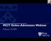 MCIT Online admissions webinar featuring Professor Brandon Krakowsky, an MCIT Alum turned Lecturer, who not only teaches the MCIT Online intro course but is also the instructor for the newly launched Intro to Python &amp; Java specialization. Krakowsky discusses how the MCIT degree influenced his life and what to expect in the first course in the program. The webinar also covers the curriculum and program structure, as well as the admissions process. Additional Q&amp;A session with the MCIT Onli