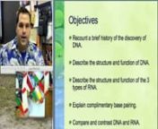 Biology InUnit 5: Information TransformationnLecture 1: DNA &amp; RNAnAfter viewing this video lecture on DNA &amp; RNA, you should be able to:n- Recount a brief history of the discovery of DNA.n- Describe the structure and function of DNA.n- Describe the structure and function of the 3 types of RNA.n- Explain complimentary base pairing.n- Compare and contrast DNA and RNA.