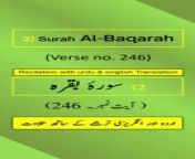 In this video, we present the beautiful recitation of Surah Al-Baqarah Ayah/Verse/Ayat 246 in Arabic, accompanied by English and Urdu translations with on-screen display. To facilitate a comprehensive understanding, we have included accurate and eloquent translations in English and Urdu.&#60;br/&#62;&#60;br/&#62;Surah Al-Baqarah, Ayah 246 (Arabic Recitation): “ أَلَمۡ تَرَ إِلَى ٱلۡمَلَإِ مِنۢ بَنِيٓ إِسۡرَٰٓءِيلَ مِنۢ بَعۡدِ مُوسَىٰٓ إِذۡ قَالُواْ لِنَبِيّٖ لَّهُمُ ٱبۡعَثۡ لَنَا مَلِكٗا نُّقَٰتِلۡ فِي سَبِيلِ ٱللَّهِۖ قَالَ هَلۡ عَسَيۡتُمۡ إِن كُتِبَ عَلَيۡكُمُ ٱلۡقِتَالُ أَلَّا تُقَٰتِلُواْۖ ”&#60;br/&#62;&#60;br/&#62;Surah Al-Baqarah, Verse 246 (English Translation): “ Have you not considered the assembly of the Children of Israel after [the time of] Moses when they said to a prophet of theirs, &#92;
