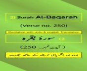 In this video, we present the beautiful recitation of Surah Al-Baqarah Ayah/Verse/Ayat 250 in Arabic, accompanied by English and Urdu translations with on-screen display. To facilitate a comprehensive understanding, we have included accurate and eloquent translations in English and Urdu.&#60;br/&#62;&#60;br/&#62;Surah Al-Baqarah, Ayah 250 (Arabic Recitation): “ وَلَمَّا بَرَزُواْ لِجَالُوتَ وَجُنُودِهِۦ قَالُواْ رَبَّنَآ أَفۡرِغۡ عَلَيۡنَا صَبۡرٗا وَثَبِّتۡ أَقۡدَامَنَا وَٱنصُرۡنَا عَلَى ٱلۡقَوۡمِ ٱلۡكَٰفِرِينَ ”&#60;br/&#62;&#60;br/&#62;Surah Al-Baqarah, Verse 250 (English Translation): “ And when they went forth to [face] Goliath and his soldiers, they said, &#92;