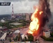 Flames soared 50 meters above a power plant near Moscow, where a fire broke out on Thursday. Two helicopters and two fire trains were deployed to fight the blaze.