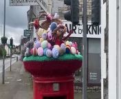 The colourful creation features knitted eggs, bunnies and mice