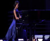 Justine Ker, Miss Louisiana showing off her piano skills during the preliminary competition of the Miss American.