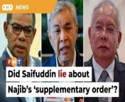 This follows reports that Ahmad Zahid Hamidi confirmed seeing the ‘supplementary order’ for Najib Razak to serve his remaining jail time at home.&#60;br/&#62;&#60;br/&#62;&#60;br/&#62;Read More: &#60;br/&#62;https://www.freemalaysiatoday.com/category/nation/2024/04/17/did-you-lie-about-najibs-supplementary-order-saifuddin-asked/ &#60;br/&#62;&#60;br/&#62;Laporan Lanjut: &#60;br/&#62;https://www.freemalaysiatoday.com/category/bahasa/tempatan/2024/04/17/zahid-tengku-zafrul-atau-saifuddin-tipu-soal-isham-berkait-perintah-tambahan-najib/&#60;br/&#62;&#60;br/&#62;Free Malaysia Today is an independent, bi-lingual news portal with a focus on Malaysian current affairs.&#60;br/&#62;&#60;br/&#62;Subscribe to our channel - http://bit.ly/2Qo08ry&#60;br/&#62;------------------------------------------------------------------------------------------------------------------------------------------------------&#60;br/&#62;Check us out at https://www.freemalaysiatoday.com&#60;br/&#62;Follow FMT on Facebook: https://bit.ly/49JJoo5&#60;br/&#62;Follow FMT on Dailymotion: https://bit.ly/2WGITHM&#60;br/&#62;Follow FMT on X: https://bit.ly/48zARSW &#60;br/&#62;Follow FMT on Instagram: https://bit.ly/48Cq76h&#60;br/&#62;Follow FMT on TikTok : https://bit.ly/3uKuQFp&#60;br/&#62;Follow FMT Berita on TikTok: https://bit.ly/48vpnQG &#60;br/&#62;Follow FMT Telegram - https://bit.ly/42VyzMX&#60;br/&#62;Follow FMT LinkedIn - https://bit.ly/42YytEb&#60;br/&#62;Follow FMT Lifestyle on Instagram: https://bit.ly/42WrsUj&#60;br/&#62;Follow FMT on WhatsApp: https://bit.ly/49GMbxW &#60;br/&#62;------------------------------------------------------------------------------------------------------------------------------------------------------&#60;br/&#62;Download FMT News App:&#60;br/&#62;Google Play – http://bit.ly/2YSuV46&#60;br/&#62;App Store – https://apple.co/2HNH7gZ&#60;br/&#62;Huawei AppGallery - https://bit.ly/2D2OpNP&#60;br/&#62;&#60;br/&#62;#FMTNews #IshamJalil #SaifuddinNasutionIsmail #NajibRazak #Lie