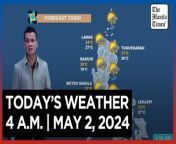 Today&#39;s Weather, 4 A.M. &#124; May 2, 2024&#60;br/&#62;&#60;br/&#62;Video Courtesy of DOST-PAGASA&#60;br/&#62;&#60;br/&#62;Subscribe to The Manila Times Channel - https://tmt.ph/YTSubscribe &#60;br/&#62;&#60;br/&#62;Visit our website at https://www.manilatimes.net &#60;br/&#62;&#60;br/&#62;Follow us: &#60;br/&#62;Facebook - https://tmt.ph/facebook &#60;br/&#62;Instagram - https://tmt.ph/instagram &#60;br/&#62;Twitter - https://tmt.ph/twitter &#60;br/&#62;DailyMotion - https://tmt.ph/dailymotion &#60;br/&#62;&#60;br/&#62;Subscribe to our Digital Edition - https://tmt.ph/digital &#60;br/&#62;&#60;br/&#62;Check out our Podcasts: &#60;br/&#62;Spotify - https://tmt.ph/spotify &#60;br/&#62;Apple Podcasts - https://tmt.ph/applepodcasts &#60;br/&#62;Amazon Music - https://tmt.ph/amazonmusic &#60;br/&#62;Deezer: https://tmt.ph/deezer &#60;br/&#62;Tune In: https://tmt.ph/tunein&#60;br/&#62;&#60;br/&#62;#TheManilaTimes&#60;br/&#62;#WeatherUpdateToday &#60;br/&#62;#WeatherForecast