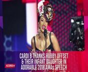 Talk about money moves! Cardi B kicked off the 2018 American Music Awards right, winning the night&#39;s first honor for favorite Rap/Hip-Hop Artist. Watch the hitmaker give hubby Offset and their baby girl Kulture a special shoutout for inspiring her to take her breakout year to a whole new level.