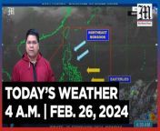 Today&#39;s Weather, 4 A.M. &#124; Feb. 26, 2024&#60;br/&#62;&#60;br/&#62;Video Courtesy of DOST-PAGASA&#60;br/&#62;&#60;br/&#62;Subscribe to The Manila Times Channel - https://tmt.ph/YTSubscribe &#60;br/&#62;&#60;br/&#62;Visit our website at https://www.manilatimes.net &#60;br/&#62;&#60;br/&#62;Follow us: &#60;br/&#62;Facebook - https://tmt.ph/facebook &#60;br/&#62;Instagram - https://tmt.ph/instagram &#60;br/&#62;Twitter - https://tmt.ph/twitter &#60;br/&#62;DailyMotion - https://tmt.ph/dailymotion &#60;br/&#62;&#60;br/&#62;Subscribe to our Digital Edition - https://tmt.ph/digital &#60;br/&#62;&#60;br/&#62;Check out our Podcasts: &#60;br/&#62;Spotify - https://tmt.ph/spotify &#60;br/&#62;Apple Podcasts - https://tmt.ph/applepodcasts &#60;br/&#62;Amazon Music - https://tmt.ph/amazonmusic &#60;br/&#62;Deezer: https://tmt.ph/deezer &#60;br/&#62;Stitcher: https://tmt.ph/stitcher&#60;br/&#62;Tune In: https://tmt.ph/tunein&#60;br/&#62;&#60;br/&#62;#TheManilaTimes&#60;br/&#62;#WeatherUpdateToday &#60;br/&#62;#WeatherForecast