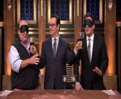Jimmy and Mario Batali blindfold themselves before tasting two wines to see who can tell the difference between an expensive vintage and a box wine.