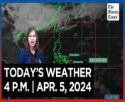 Today&#39;s Weather, 4 P.M. &#124; Apr. 5, 2024&#60;br/&#62;&#60;br/&#62;Video Courtesy of DOST-PAGASA&#60;br/&#62;&#60;br/&#62;Subscribe to The Manila Times Channel - https://tmt.ph/YTSubscribe &#60;br/&#62;&#60;br/&#62;Visit our website at https://www.manilatimes.net &#60;br/&#62;&#60;br/&#62;Follow us: &#60;br/&#62;Facebook - https://tmt.ph/facebook &#60;br/&#62;Instagram - https://tmt.ph/instagram &#60;br/&#62;Twitter - https://tmt.ph/twitter &#60;br/&#62;DailyMotion - https://tmt.ph/dailymotion &#60;br/&#62;&#60;br/&#62;Subscribe to our Digital Edition - https://tmt.ph/digital &#60;br/&#62;&#60;br/&#62;Check out our Podcasts: &#60;br/&#62;Spotify - https://tmt.ph/spotify &#60;br/&#62;Apple Podcasts - https://tmt.ph/applepodcasts &#60;br/&#62;Amazon Music - https://tmt.ph/amazonmusic &#60;br/&#62;Deezer: https://tmt.ph/deezer &#60;br/&#62;Tune In: https://tmt.ph/tunein&#60;br/&#62;&#60;br/&#62;#TheManilaTimes&#60;br/&#62;#WeatherUpdateToday &#60;br/&#62;#WeatherForecast