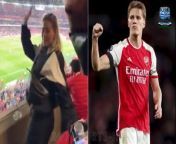 After Martin Odegaard did his dancing on the pitch, his girlfriend Helene Spilling showcased her moves off of it as she celebrated Arsenal&#39;s win over Chelsea.&#60;br/&#62;&#60;br/&#62;The Norwegian playmaker dazzled during the Gunners&#39; victory on Tuesday night, picking up two assists and the Man of the Match award after their 5-0 win. &#60;br/&#62;&#60;br/&#62;The win helped launch Arsenal three points clear at the top of the table and, given the party atmosphere at the Emirates at full-time, Spilling couldn&#39;t help but show off her moves.&#60;br/&#62;&#60;br/&#62;In a video that emerged after the match, Odegaard&#39;s girlfriend was seen dancing to Shakira&#39;s &#39;Waka Waka (This Time for Africa)&#39; - which has become the anthem for Kai Havertz - after full-time. &#60;br/&#62;&#60;br/&#62;Spilling&#39;s spirits were clearly at a high as she danced away in the stands, while Odegaard applauded the home fans after the victory. &#60;br/&#62;&#60;br/&#62;Odegaard put in a dominant display for the Gunners as he picked up two assists - which took his tally to eight goals and eight assists in the league. &#60;br/&#62;&#60;br/&#62;Spilling, meanwhile, has previously featured in Norway&#39;s dance show, &#39;Skal vi dance&#39; which is like the UK&#39;s Strictly Come Dancing. She was the winner of the 2021 edition of the competition. &#60;br/&#62;&#60;br/&#62;In March 2023, the couple sparked romance rumors after being seen together at the London Football Awards - before confirming their relationship in June last year.&#60;br/&#62;&#60;br/&#62;They have since made an array of cozy public appearances together and were seen linking arms while out and about in the summer of last year.&#60;br/&#62;&#60;br/&#62;Spilling boasts a whopping 141,000 followers on Instagram, where she regularly posts pictures of her dancing escapades or trips to the Emirates.&#60;br/&#62;&#60;br/&#62;In stark contrast to Spilling&#39;s celebrations, Declan Rice&#39;s long-term girlfriend Lauren Fryer recently deleted all of her Instagram pictures after receiving a barrage of abuse online over her appearance.&#60;br/&#62;&#60;br/&#62;Fryer, 25, who is the childhood sweetheart of Arsenal player Rice, also 25, wiped all posts from her Instagram page in recent days after finding herself the target of cruel online trolls.&#60;br/&#62;&#60;br/&#62;She was taunted for her appearance, with the bullying first starting in December last year when an anonymous account told England international team member Rice he &#39;could do better&#39;.&#60;br/&#62;&#60;br/&#62;Recently, Rice was told he had &#39;low standards&#39; for being in a relationship with Fryer, who is the mother to their 20-month-old son, Jude.&#60;br/&#62;&#60;br/&#62;Rice has been romantically involved with Fryer for nearly eight years, but the couple prefers to conduct their relationship away from the public eye.