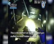 This is the moment a gunman was rumbled after eagle-eyed police officers discovered his hiding place - by the loft insulation and polystyrene in his hair.&#60;br/&#62;Lomar Turner, 28, was arrested after cops swooped at his home in Handsworth, Birmingham, on November 27 last year.&#60;br/&#62;It was several minutes before the door was opened and officers found a nervous-looking Turner with bits of polystyrene and insulation in his hair.