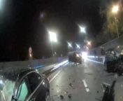 Shocking video footage shows the aftermath of a three-vehicle crash caused by a van driver who was more than double both the drink and drug limits.